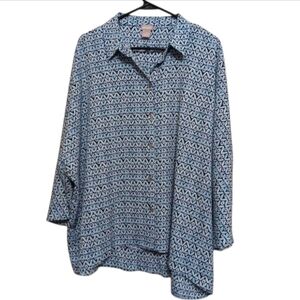 Chico's Blue Green Geometric Silky Button Front Blouse Top